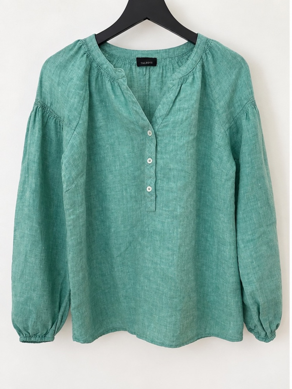 Like New Talbots Seafoam Green Linen Button-Popover Blouse